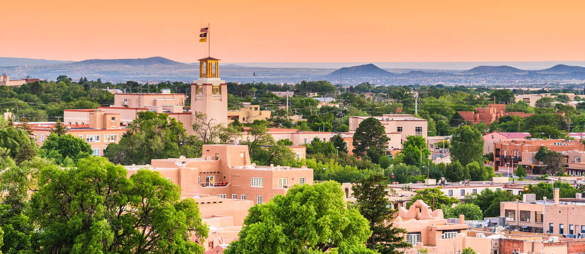 Santa Fe, New Mexico, USA downtown skyline at dusk.